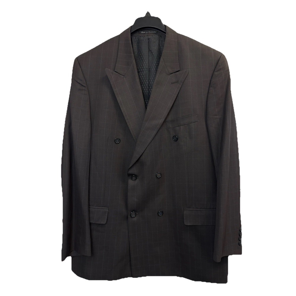 Mazzoni Suit Blazer Mens 46L‎ Brown Windowpane Jacket Double Breasted Sport Coat